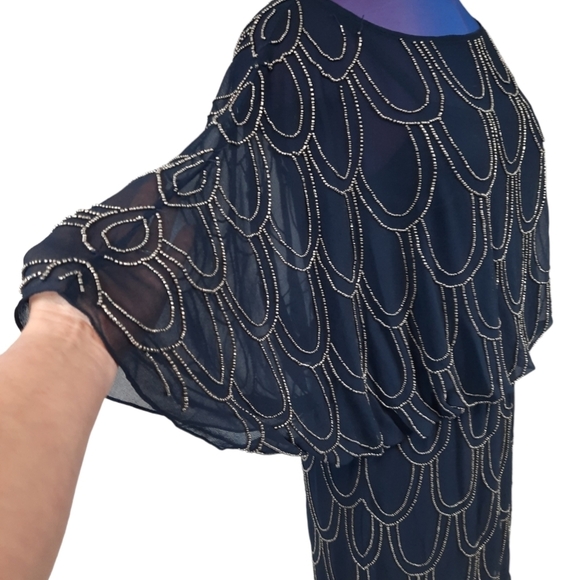 Cache Beaded Blouson Navy Chiffon Cocktail Dress Size 2‎ Women's - Picture 6 of 12